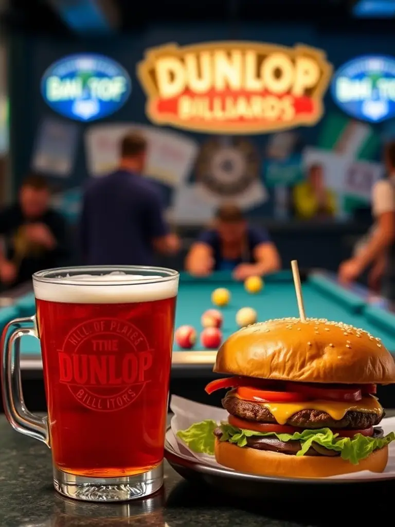 A refreshing pint of beer next to a juicy burger, with a blurred background of people playing pool at Dunlop Billiards.