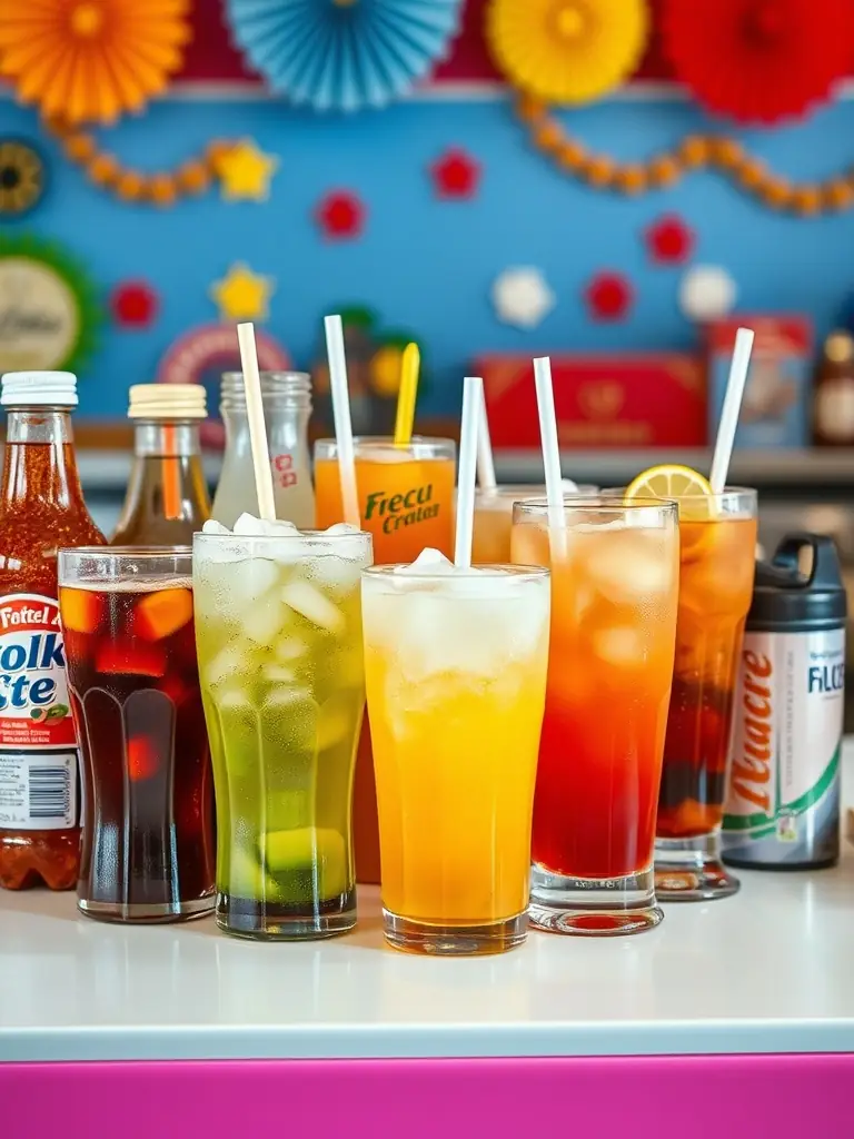 A selection of non-alcoholic beverages, including soda, juice, and water, arranged neatly on a table at Dunlop Billiards.