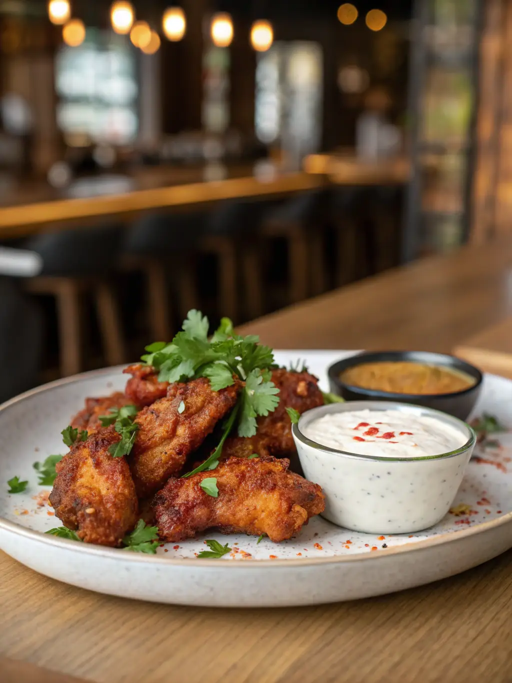A close-up shot of a plate of crispy chicken wings with various dipping sauces, set against the backdrop of a billiard table at Dunlop Billiards.