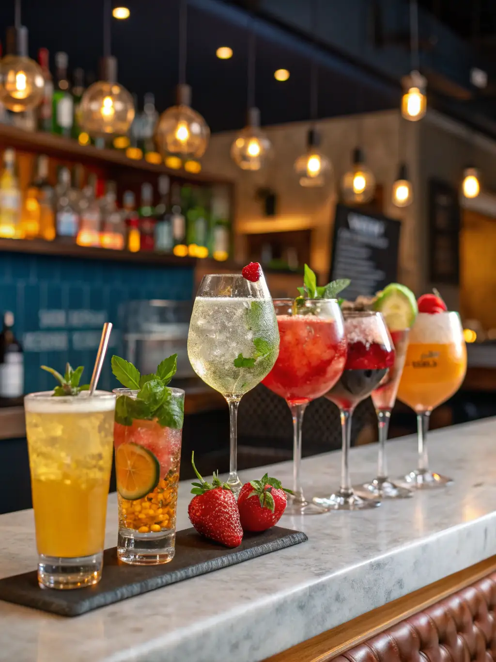 A colorful array of cocktails on the bar counter, with a bartender mixing drinks in the background at Dunlop Billiards.